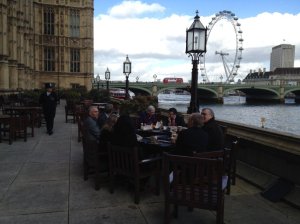 Lunch at the Houses of Parliament (red bus and policeman specially arranged for photo...).