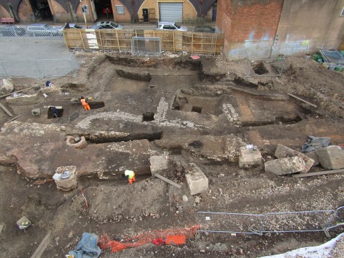 Looking east at stone structures probably associated with the medieval Blackfriars.