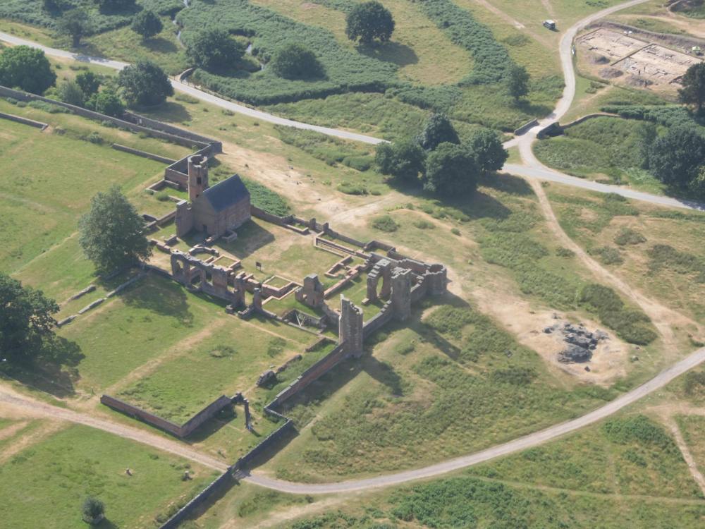 An aerial view south-east across the ruins of Bradgate House towards the 2018 excavation which can be seen in the top right.