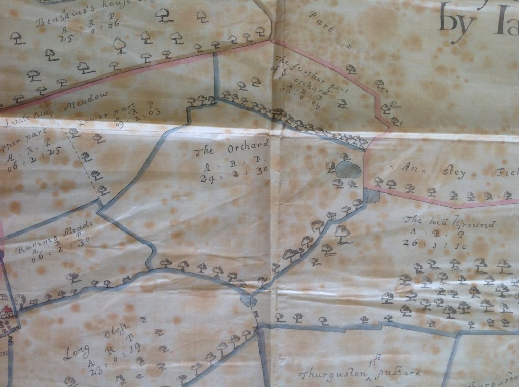 Detail from James Fish’s 1686 map of the Beaumont Leys estate showing the Castle Hill field labelled ‘The Orchard’.