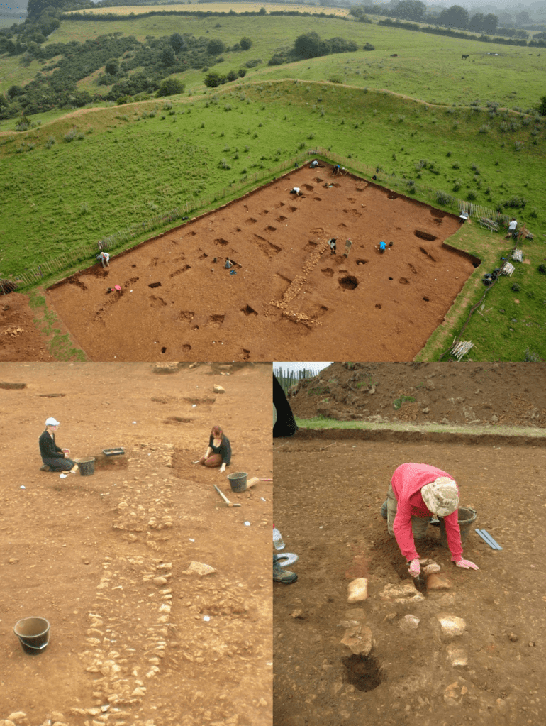 Top: The excavation area in the north east corner of the hillfort, with the Roman wall footings running down the centre of the area. Above: Left, excavating the Roman wall footing; right, excavating a Roman corn-drier. Images: ULAS