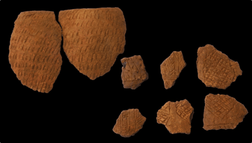 Bronze Age beaker pottery with thumbnail and scored  decoration. Image: ULAS